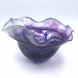 Hilltop Studio Art Glass Hand Blown Wave Edge Bowl Trinket Dish Amethyst Signed
